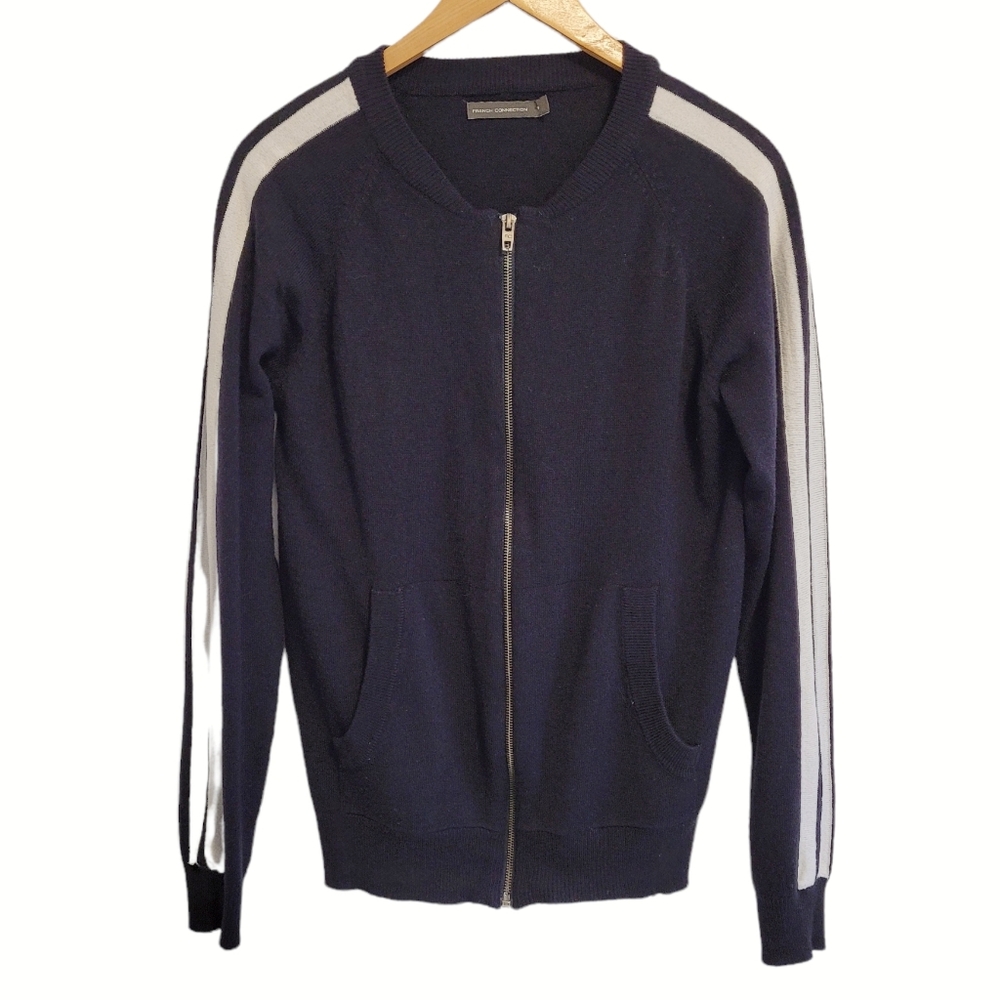 FRENCH CONNECTION Zippered Cardigan - Black with White Sleeve Stripes (Small)